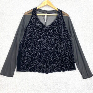 Vintage MSK Women Blouse Womens 1X Plus Black Sparkly Velour Sheer Long Sleeves